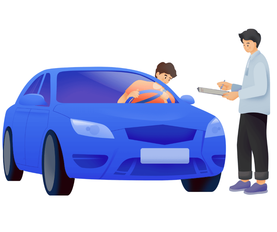 Illustration of a young man taking a driver’s license road test in BC, evaluated by an instructor