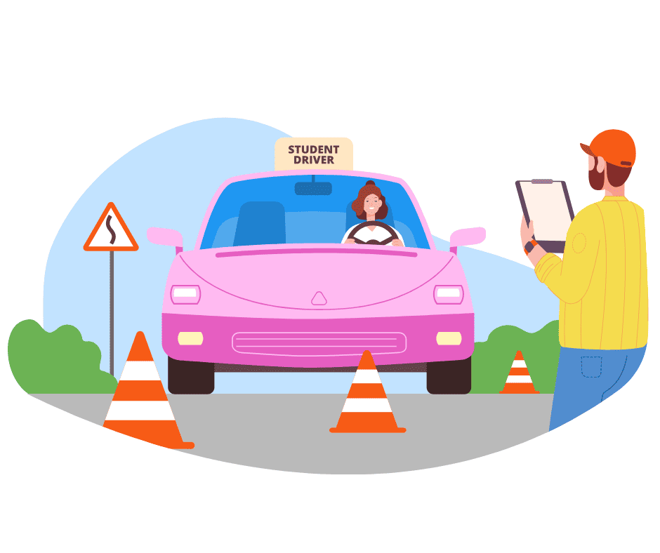 Illustration of a woman driving a pink car while an instructor observes with a checklist during a BC driver’s license test