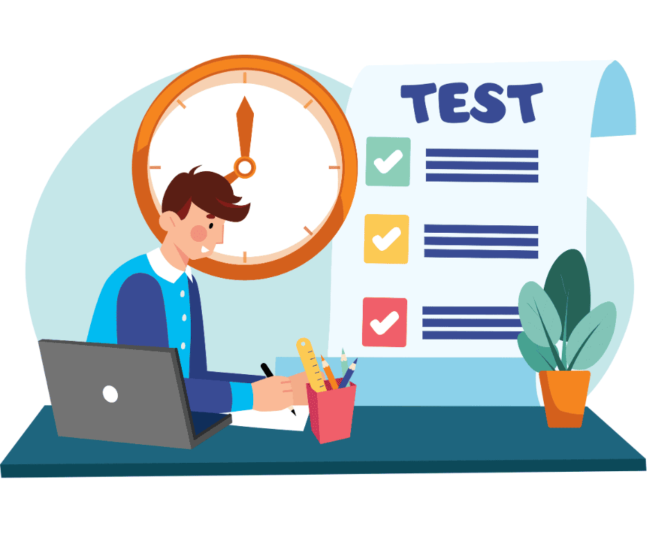 Illustration of a man thinking and studying for his BC driver’s license test with a notebook, computer, test sheet, and clock nearby