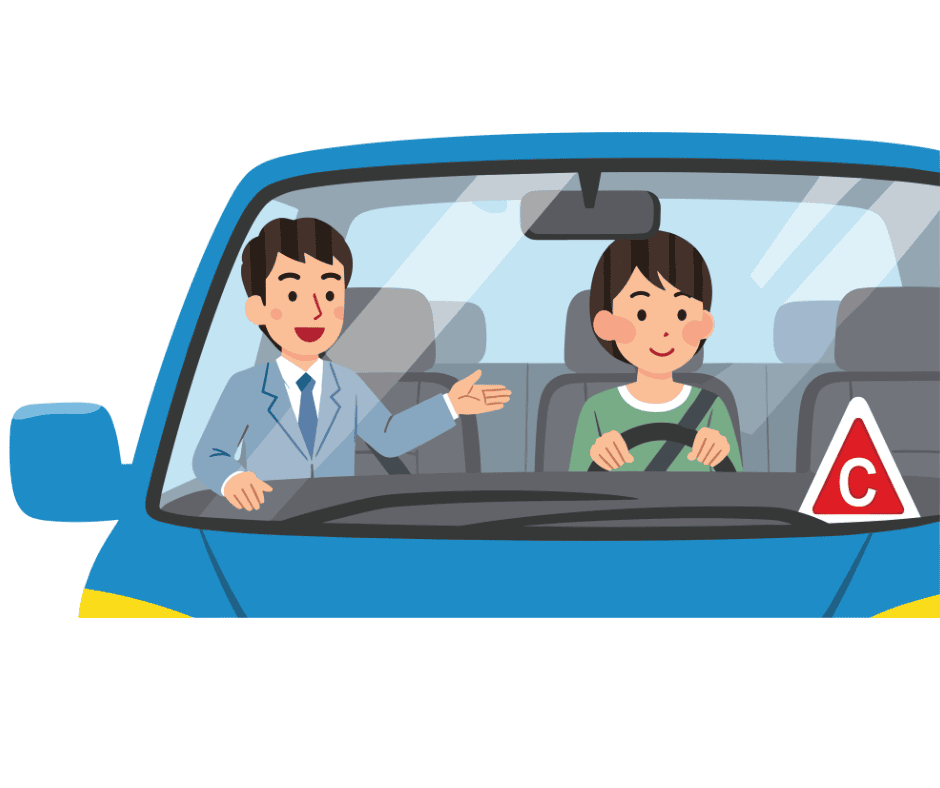 Illustration of two people in a blue car during a BC driver’s license test, one driving and the other observing